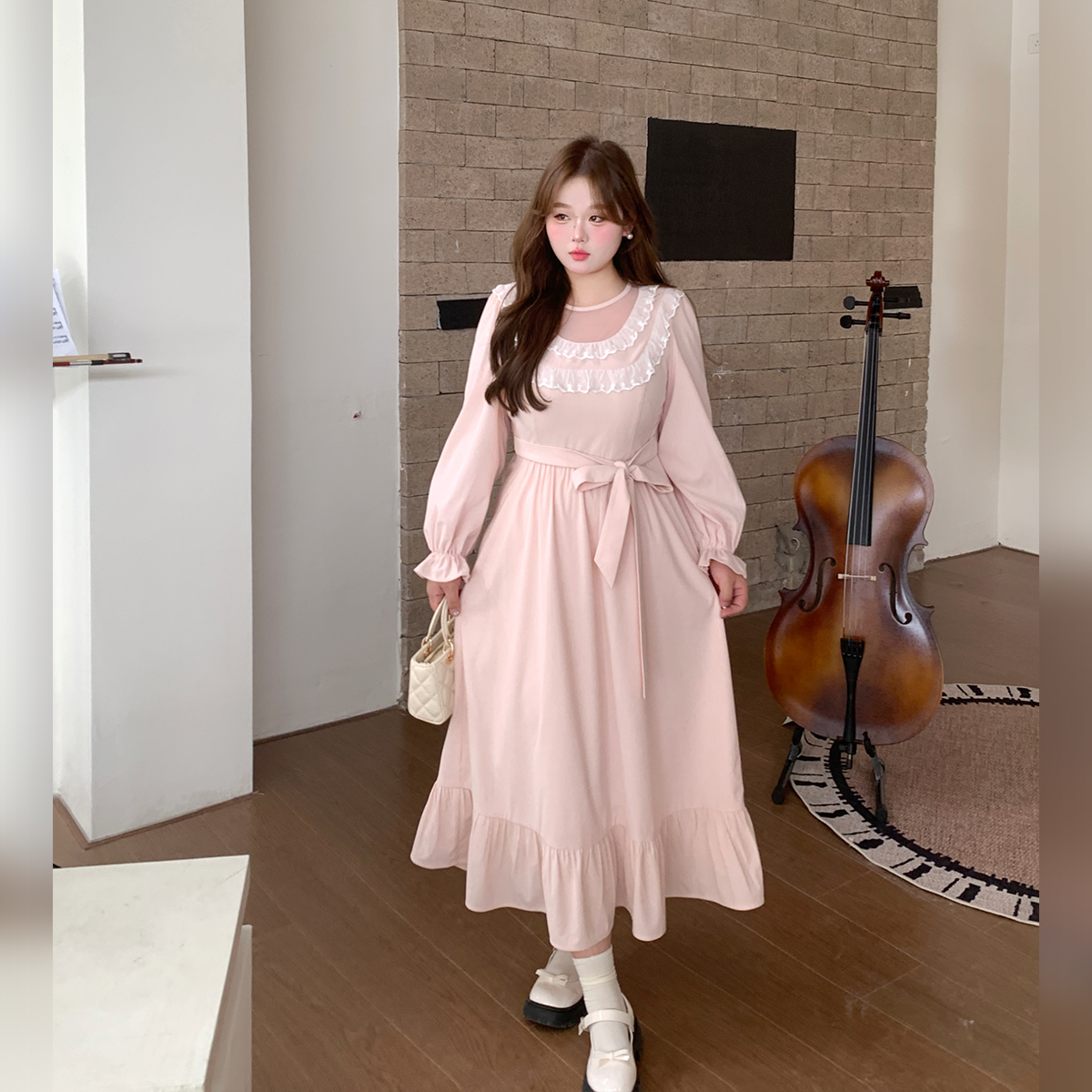 徐达布【山野仙境】大码气质连衣裙女微胖粉色长袖裙子L38895C53