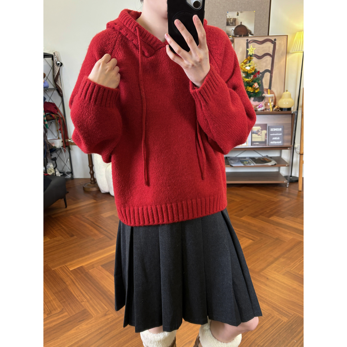 韩系显白新年红连帽毛衣女2025秋冬新款宽松显瘦内搭针织衫套头潮