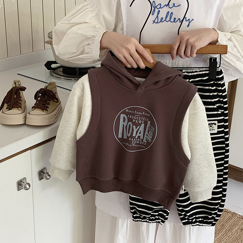 【多多】男童假两件加绒卫衣童装2025冬季新款中小童韩版字母印花