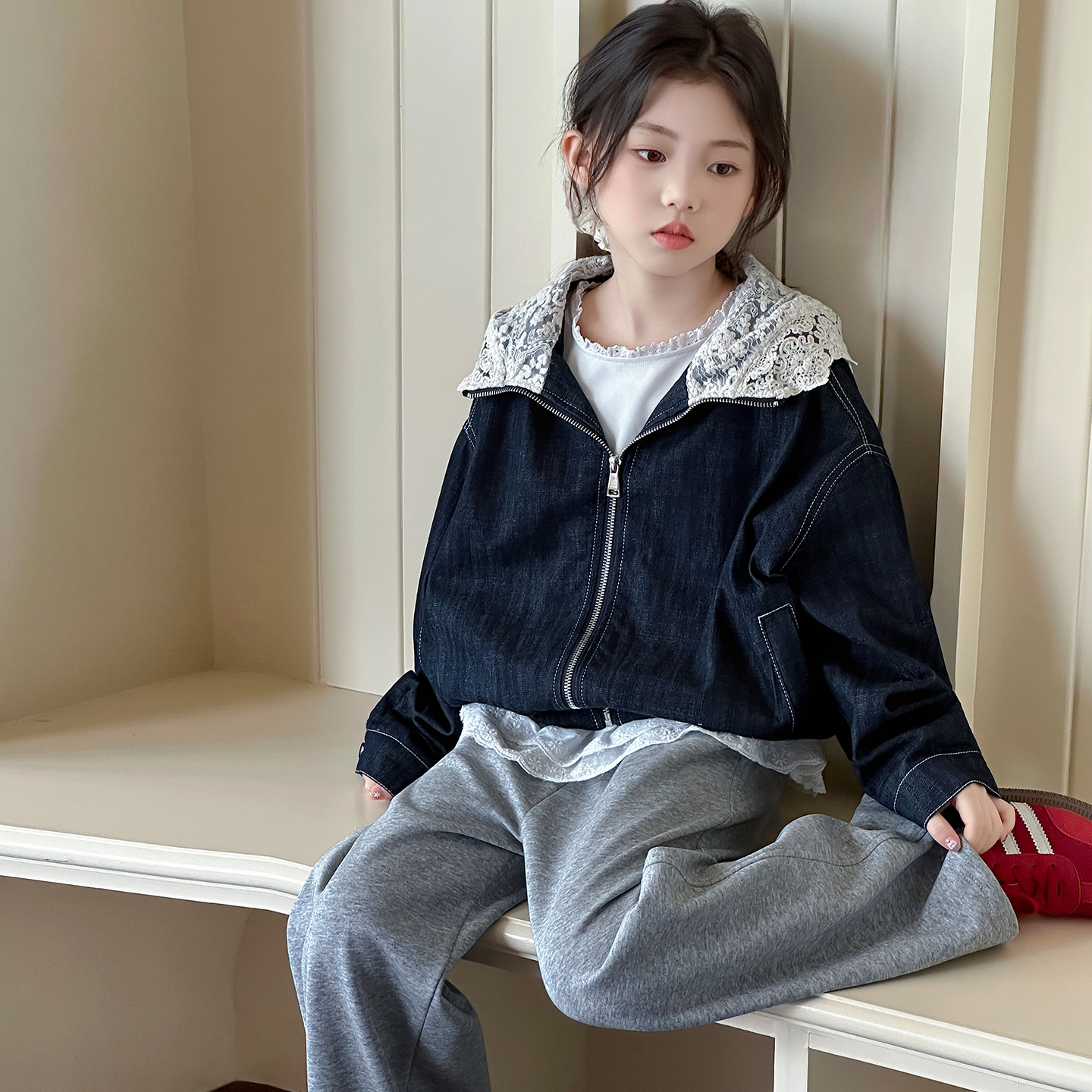 女童蕾丝连帽外套2025新款秋装女孩牛仔休闲开衫儿童长袖夹克洋气