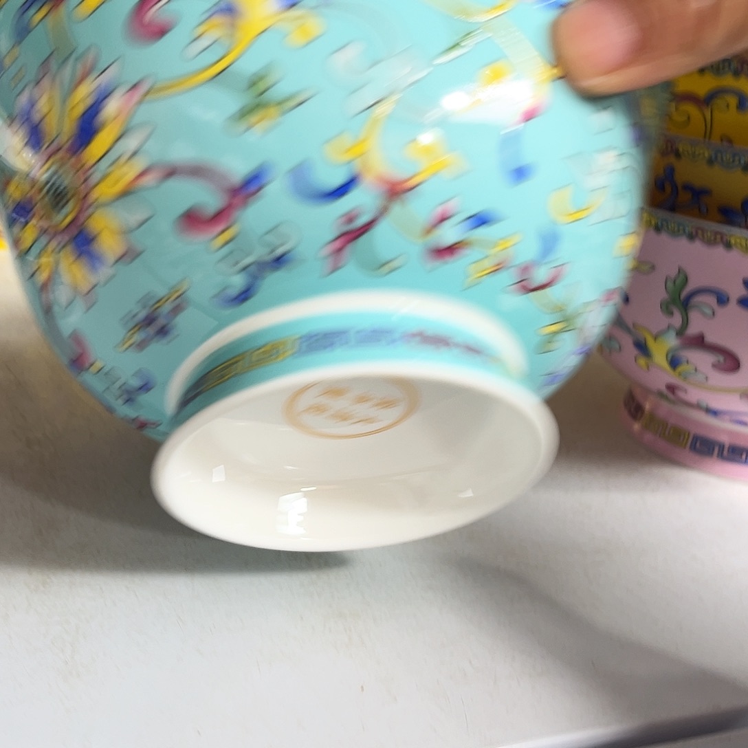 瓷片珐琅彩蓝色六寸面碗四个微瑕