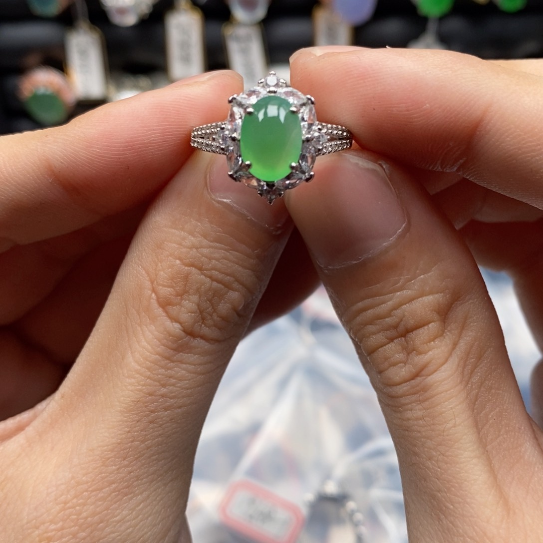 翡翠戒指银S925镶嵌璧****桐天然缅甸翡翠a货