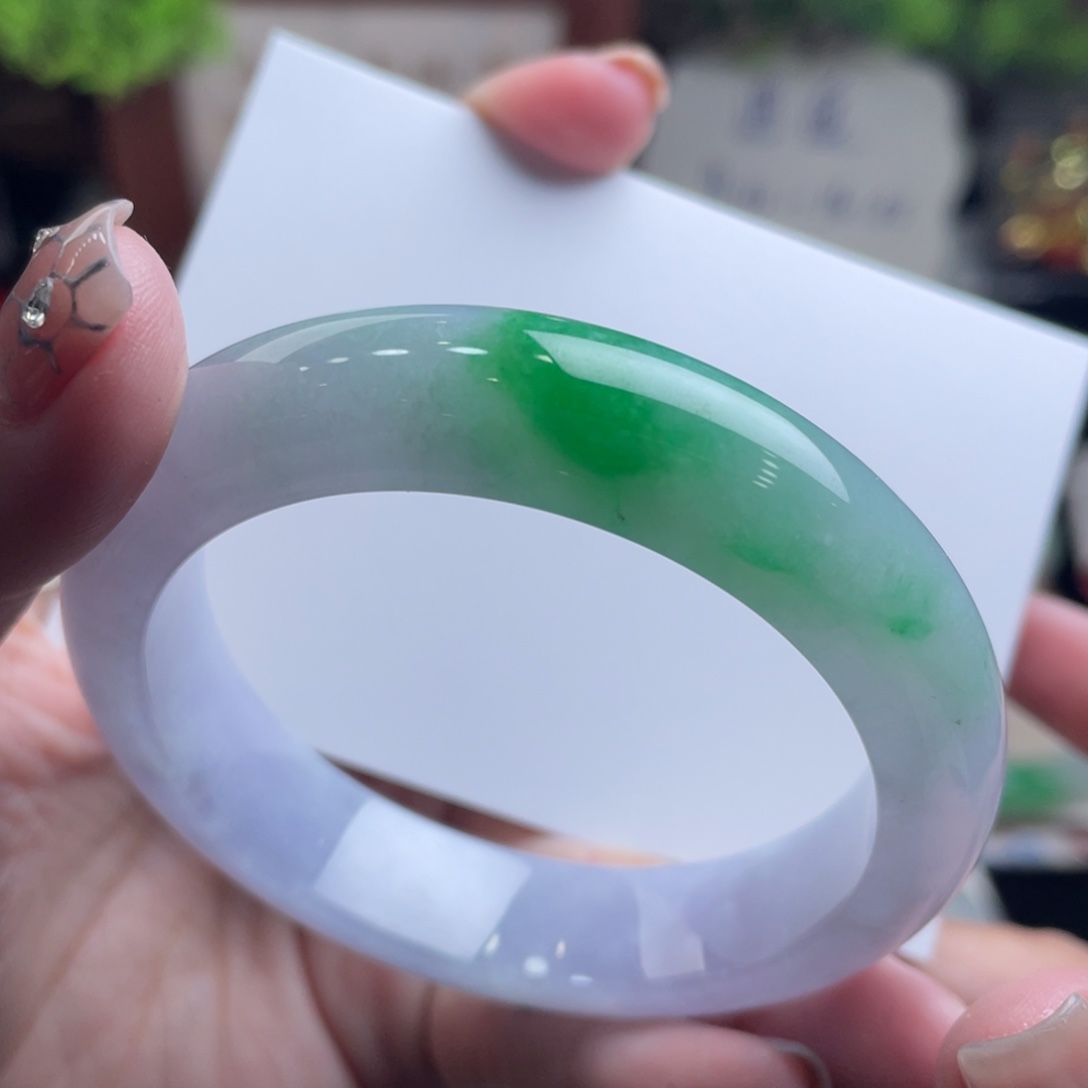 翡翠未镶嵌手镯53白底青 春彩 强推