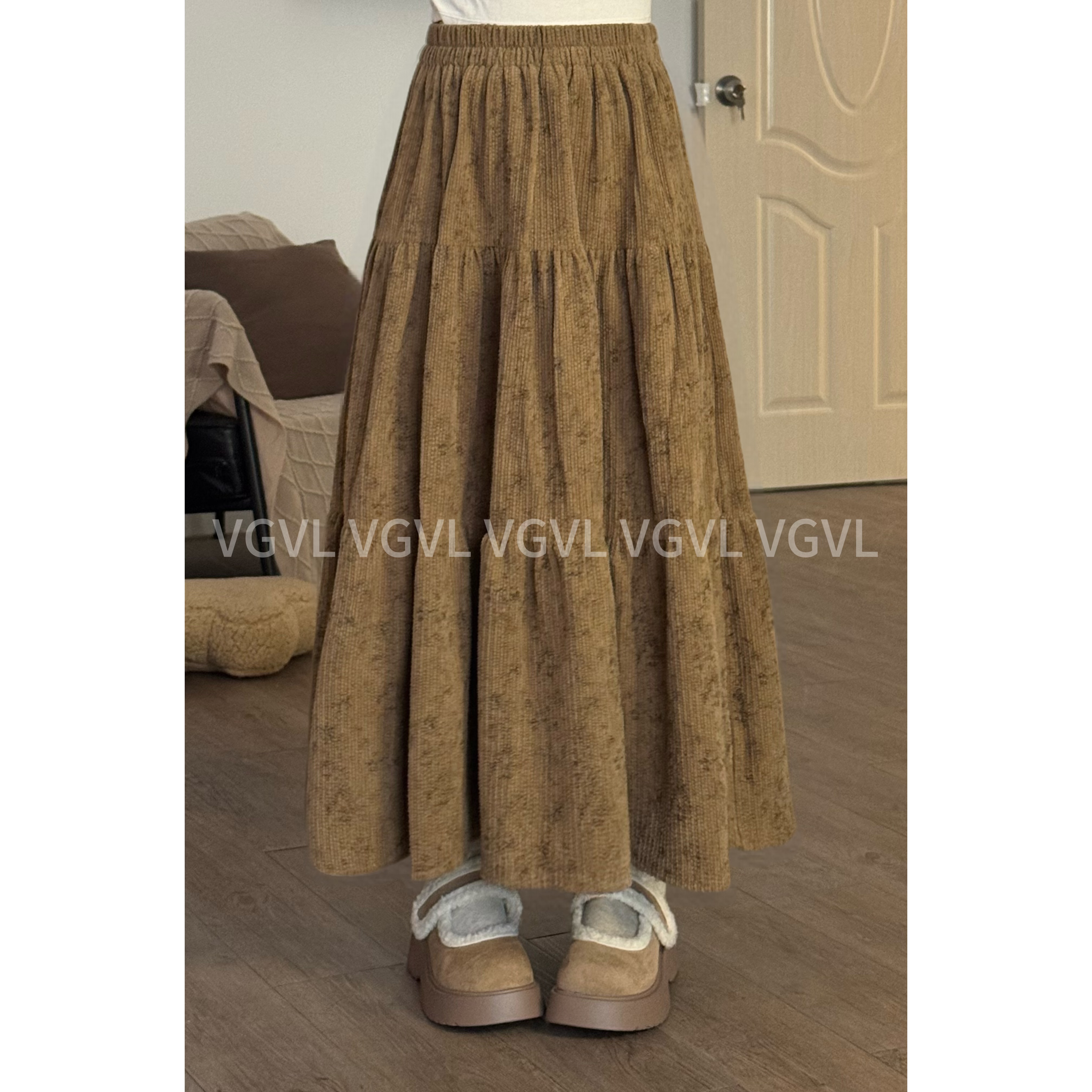 VGVL小卓裙子冬季复古松紧带A型显瘦设计感百搭半身裙70439