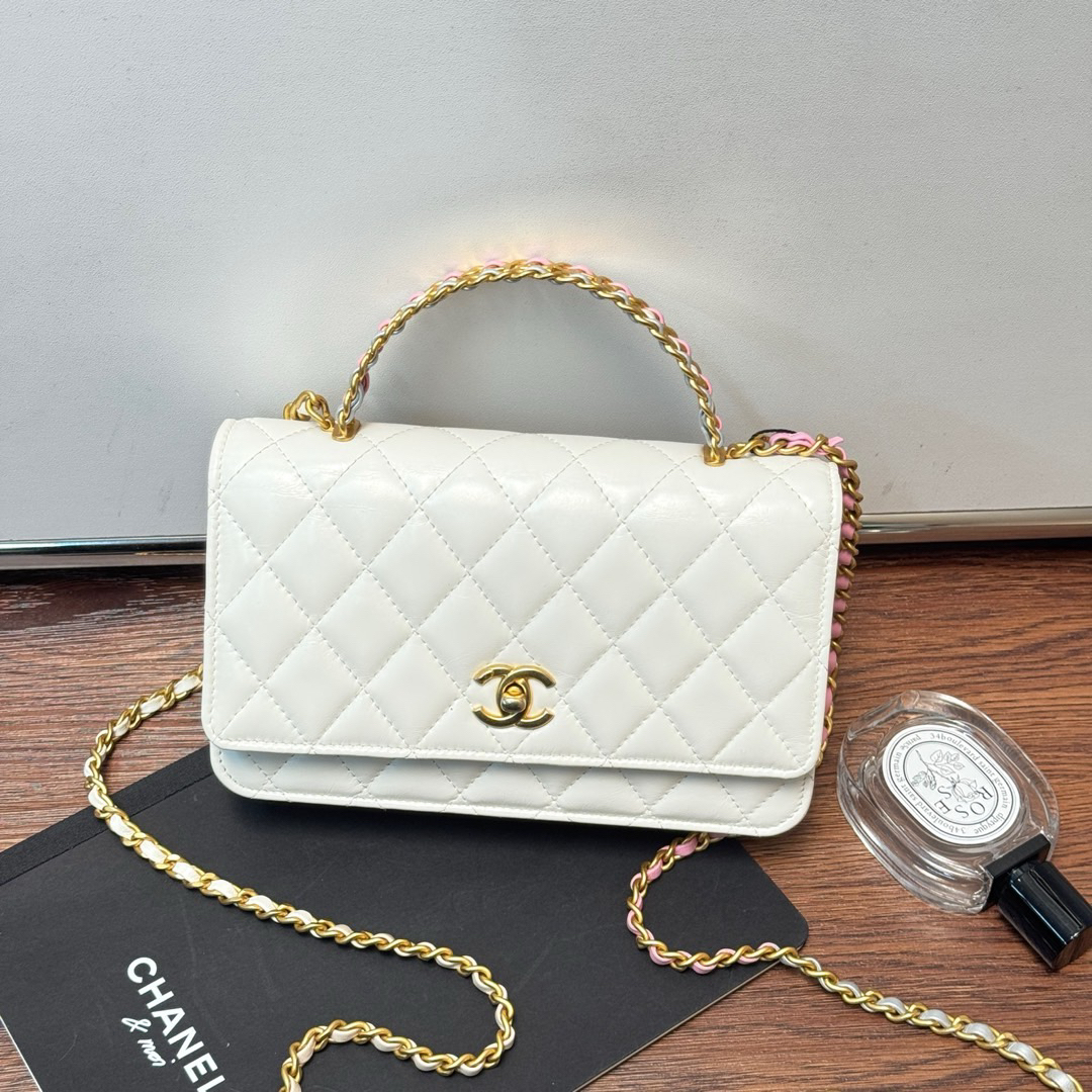 95新 Chanel/香奈儿 白金 牛皮 彩色镂空编织手柄woc/622700869
