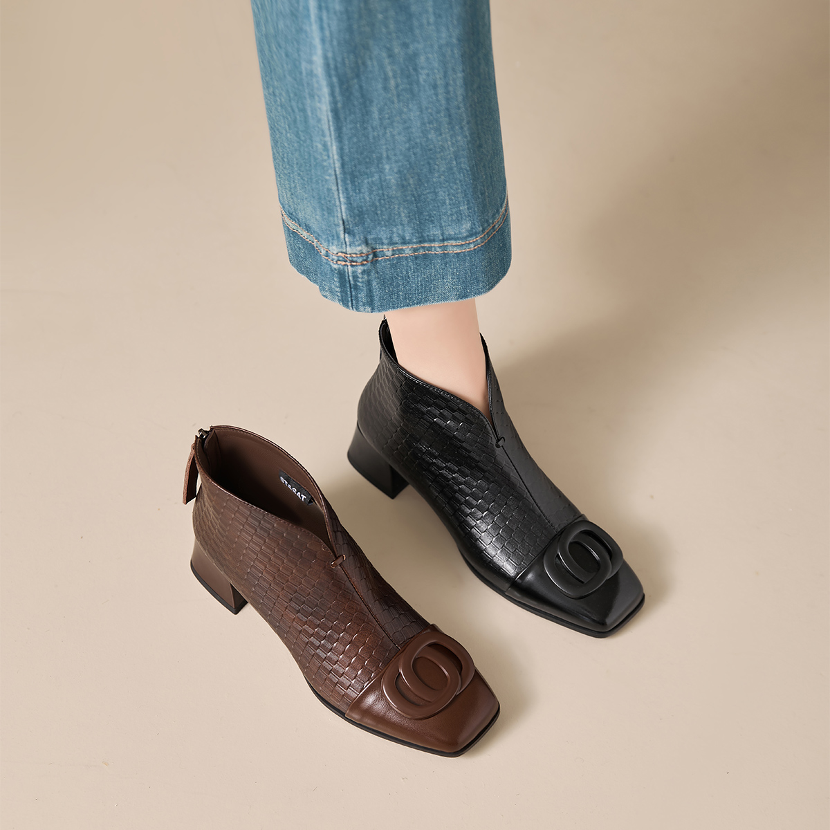 St&Sat/星期六牛皮中跟短靴方头外穿时尚百搭时装靴后拉链女靴