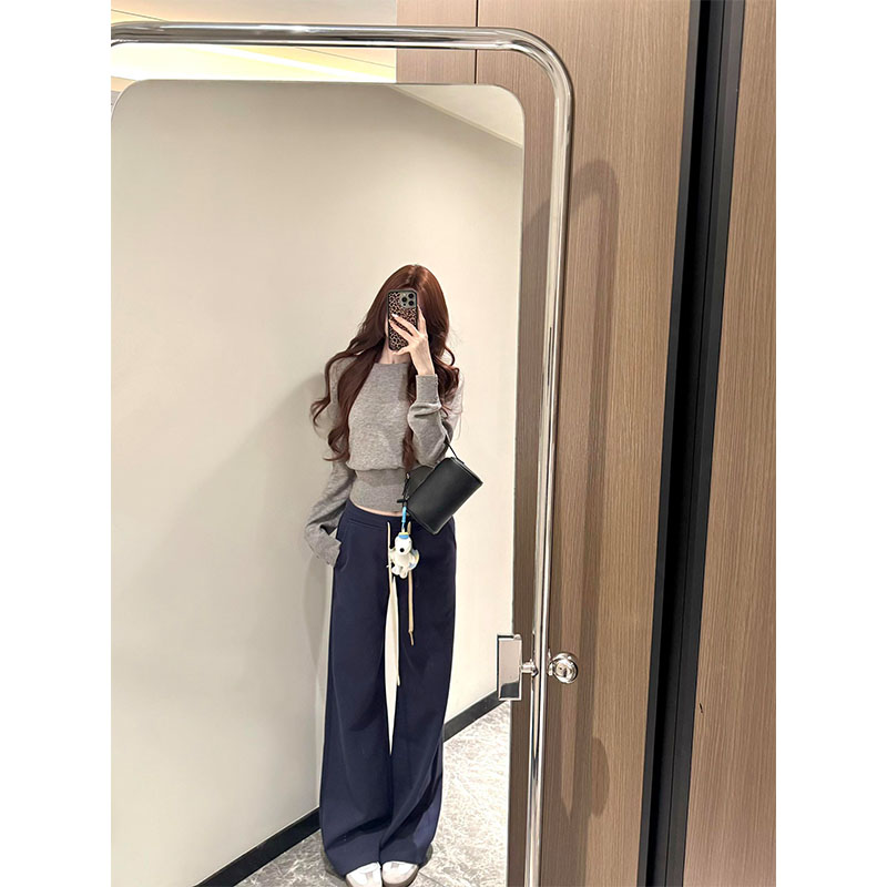 2025秋冬松弛感时尚洋气灰色长袖休闲上衣松紧腰直筒休闲裤套装女