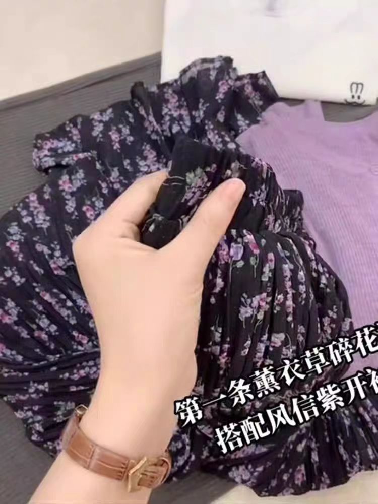 大摆褶皱显瘦雪纺碎花拼接拼接裙松紧高腰A字裙法式复古半身裙女