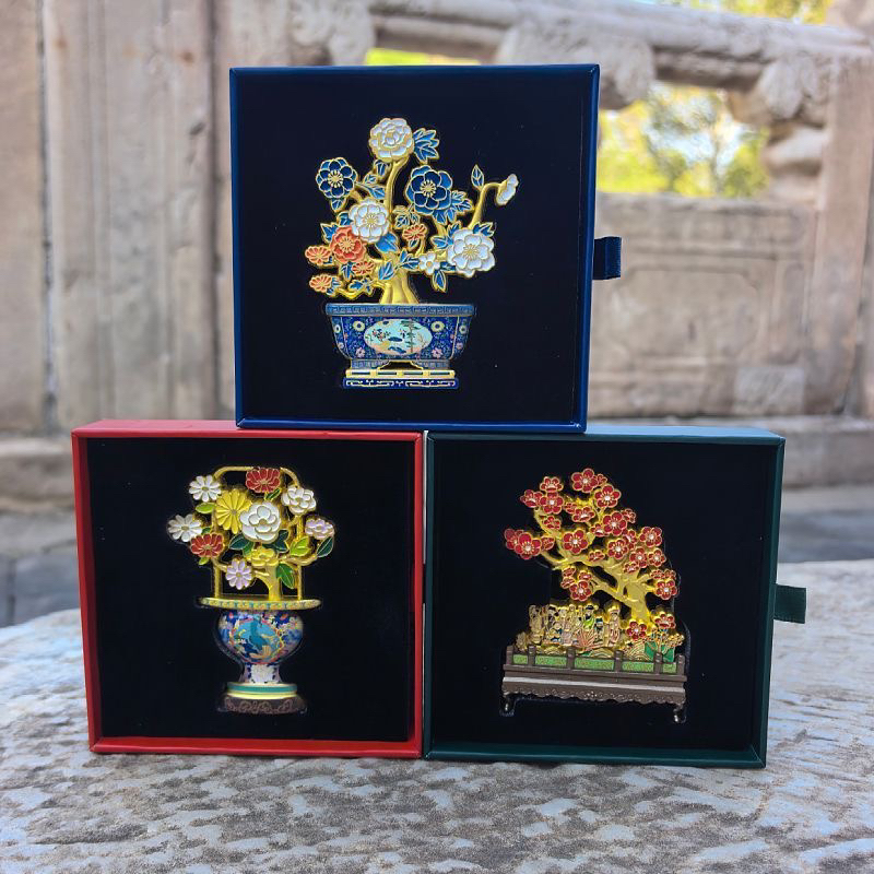 颐和锦粹北京博物院款金漆花卉珐琅盆景古风冰箱贴文创礼品伴手礼