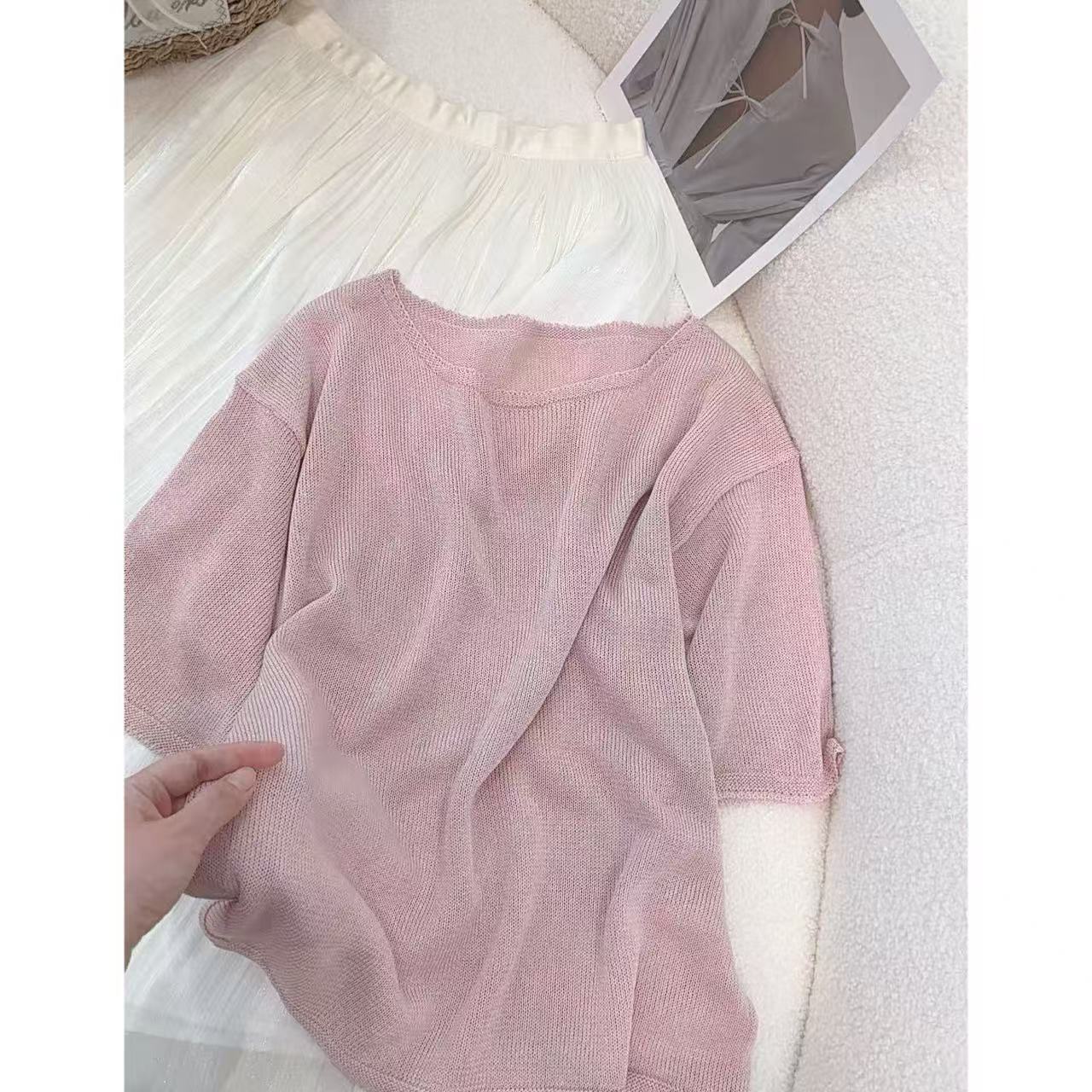 丽丽家~胭脂粉薄款中袖洋气休闲打底纯色上衣