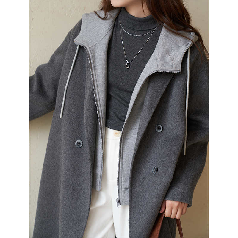 晒晒自制小个子翻驳领中长款双面呢羊毛羊绒大衣黑灰色秋冬新