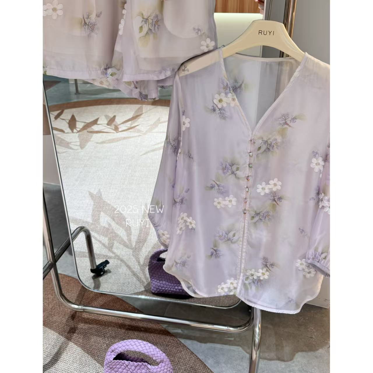 入艺881【Y I汉白玉紫】 宽松慵懒刺绣中式女士衬衫短裤-RY2530523