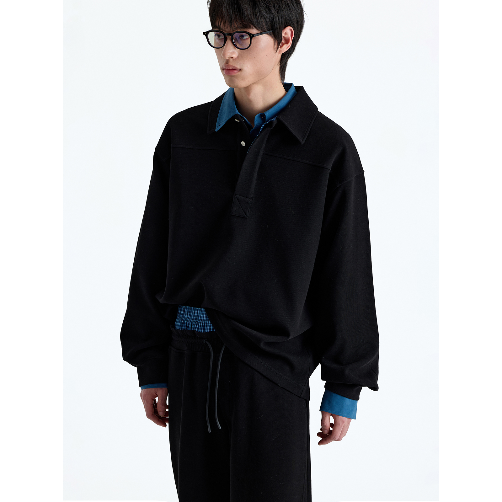 NANS STUDIO 350G棉混纺轻盈空气层格纹拼接半开襟POLO领卫衣 