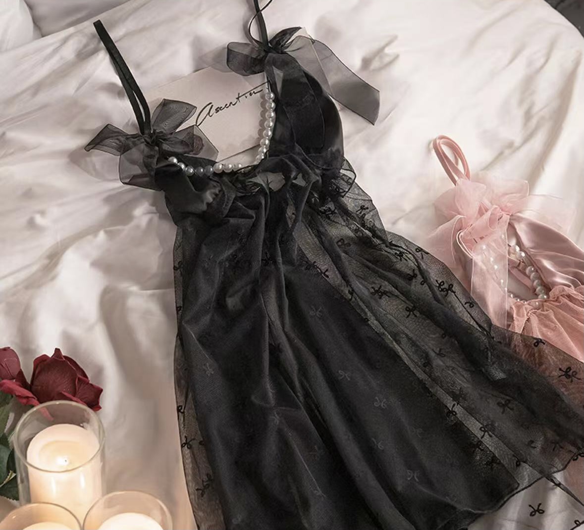  心机算盘【120-220斤】网纱蕾丝优雅吊带珍珠性感风睡裙