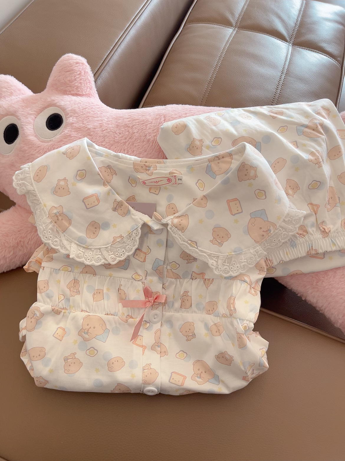 面包小熊睡衣女春秋新款薄棉甜美ins风娃娃领长袖长裤家居服套装