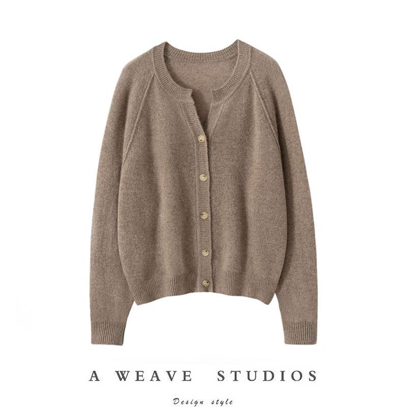 【100%羊绒】圆领插肩袖针织开衫外套女