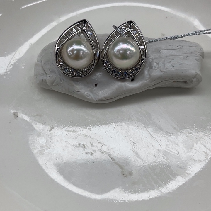银S925镶嵌耳饰海水珍珠7-8mm89号