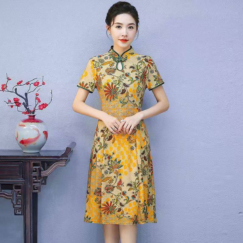 A-305新款连衣裙洋气短袖夏季妈妈旗袍裙大码中长款显瘦长裙裙子