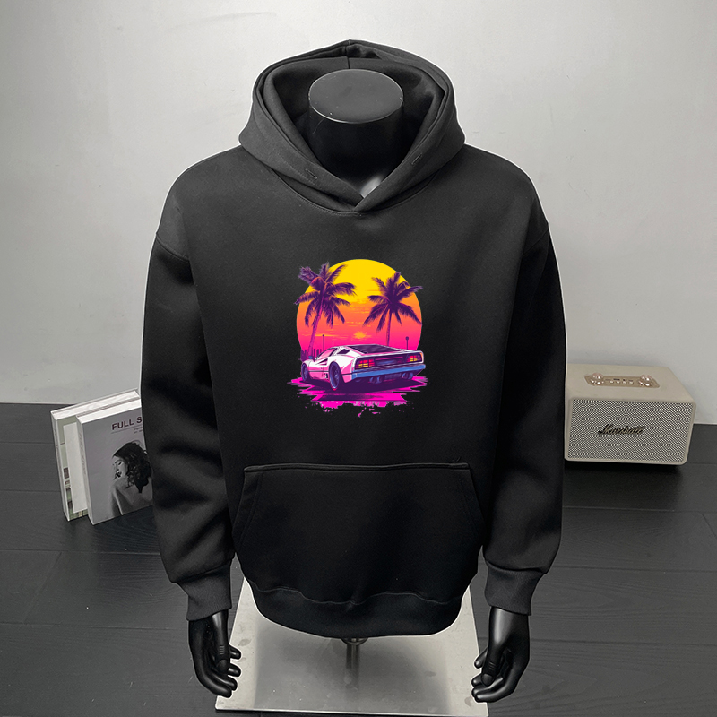 美式日落印花纯棉连帽卫衣男生450G重磅秋冬16-18岁高中生上衣男