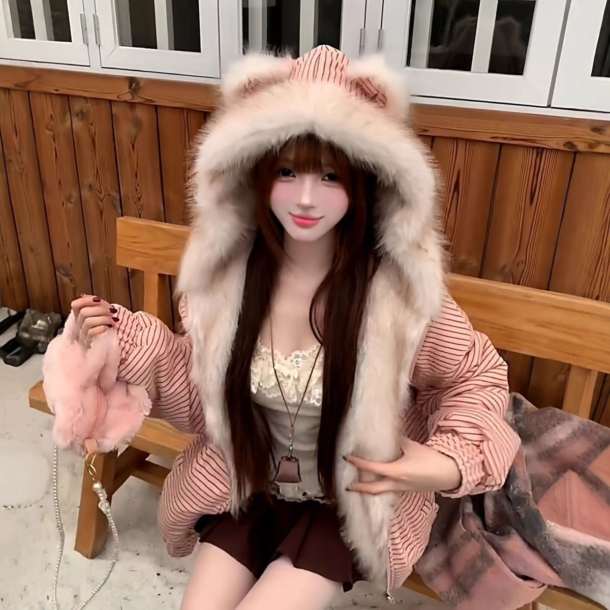 粉色条纹兔耳朵连帽外套女秋冬季加绒加厚超好看毛毛上衣