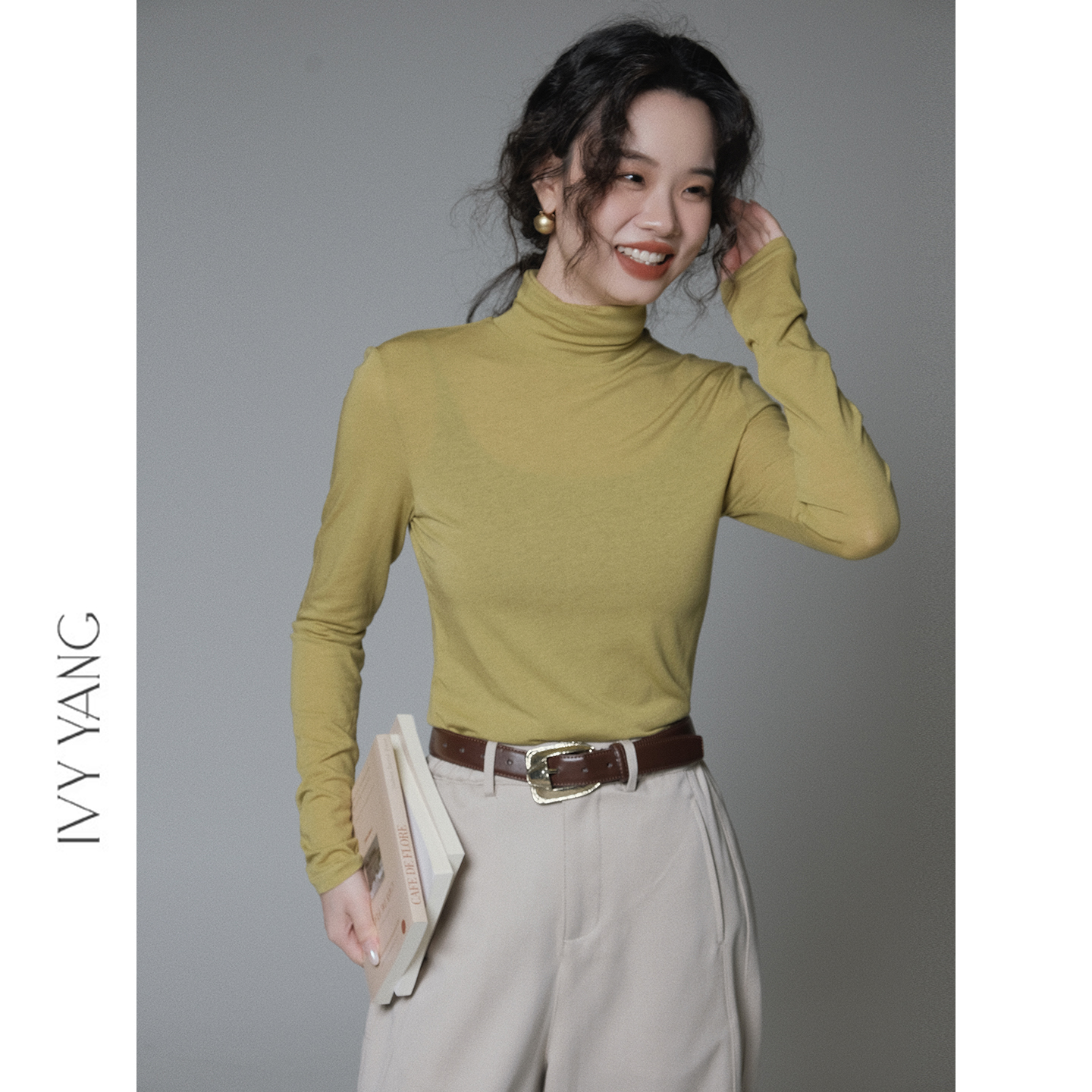 IVY YANG2羊毛薄款纯色微弹正肩堆堆领长袖T恤高领冬季显瘦内搭