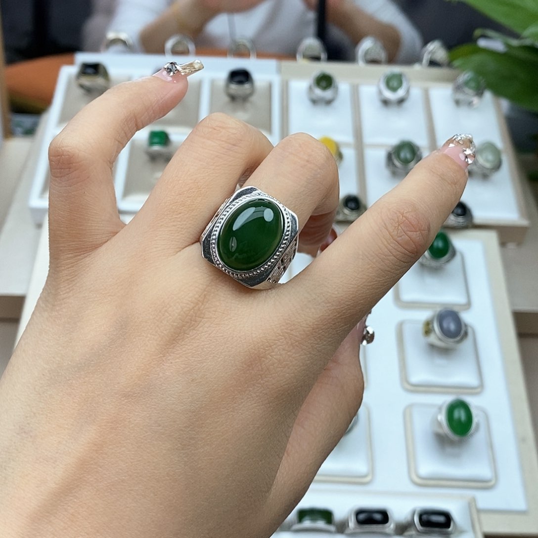 和田玉戒指银S925镶嵌明****好