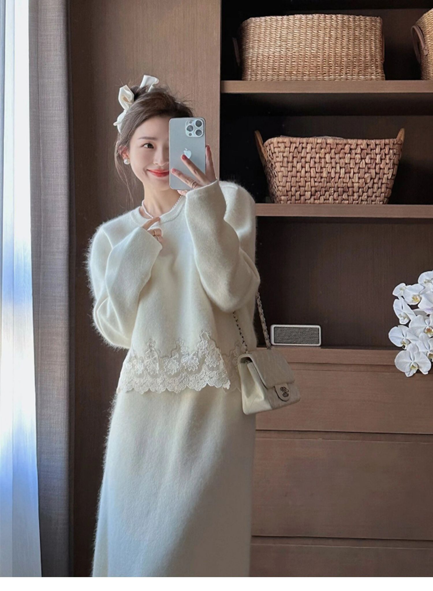 法式温柔蕾丝拼接圆领毛衣2025秋冬新款名媛气质针织两件套装