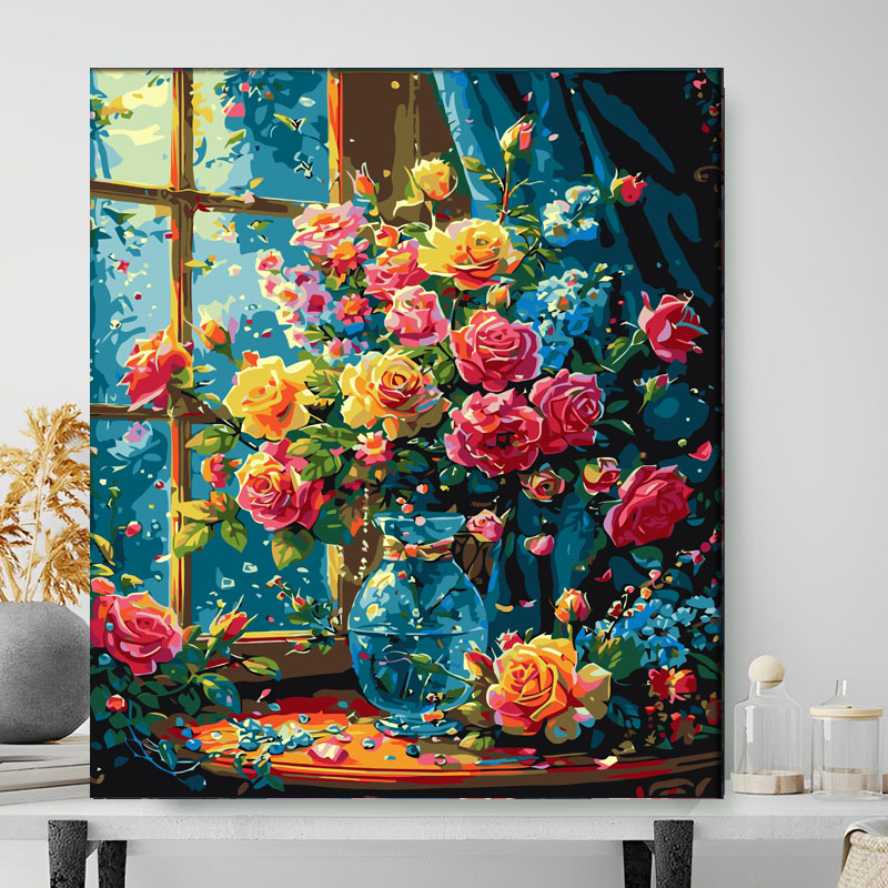 繁花玫瑰风景数字油画DIY填色手绘油彩画解压房间油画装饰画手绘