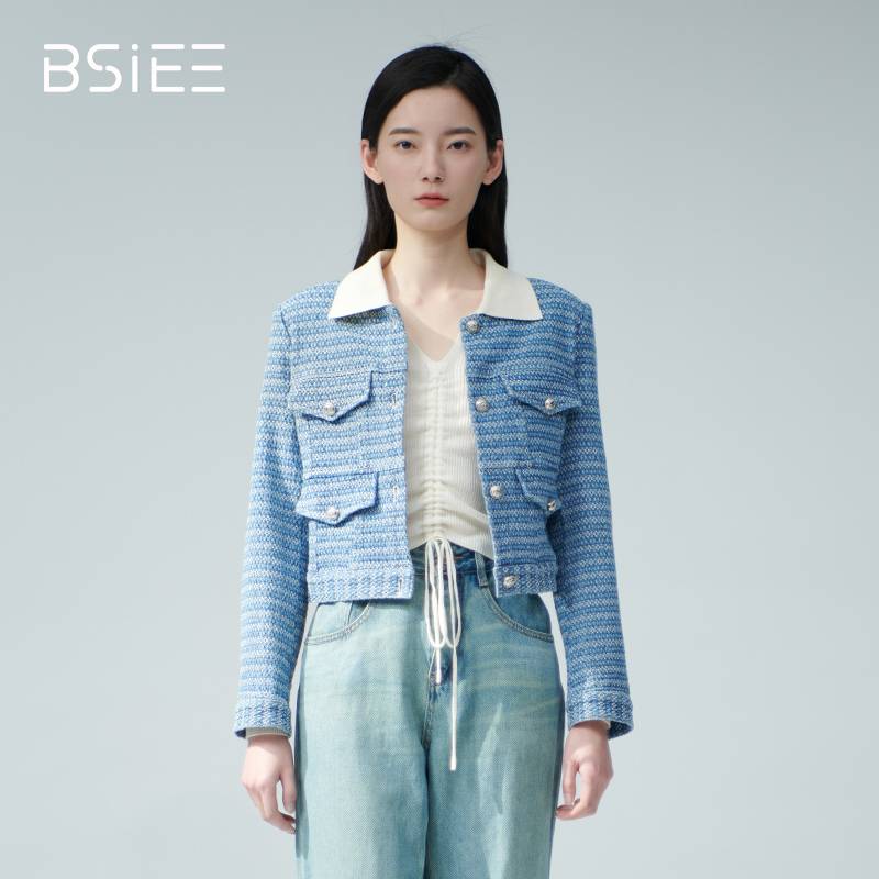 BSIEE百搭蓝色提花小香风外套