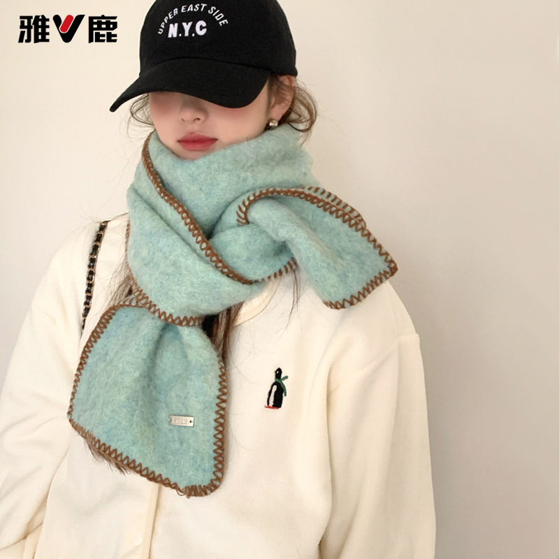 针织围巾女秋冬韩系氛围感加厚锁边保暖纯色围脖软糯护颈百搭绿色商品图