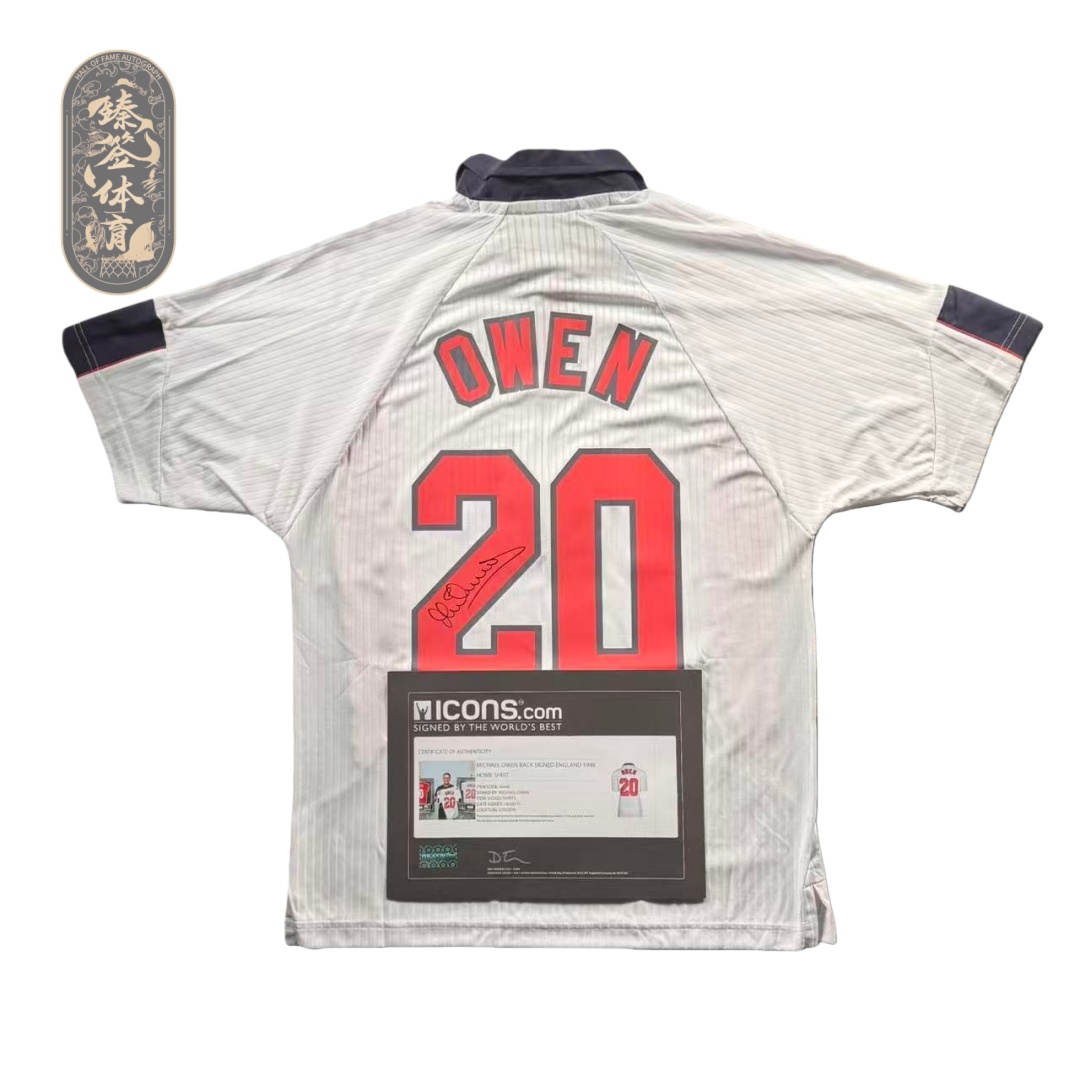 【铭人堂】欧文亲签英格兰1998赛季球迷版球衣收藏（ICONS认证）