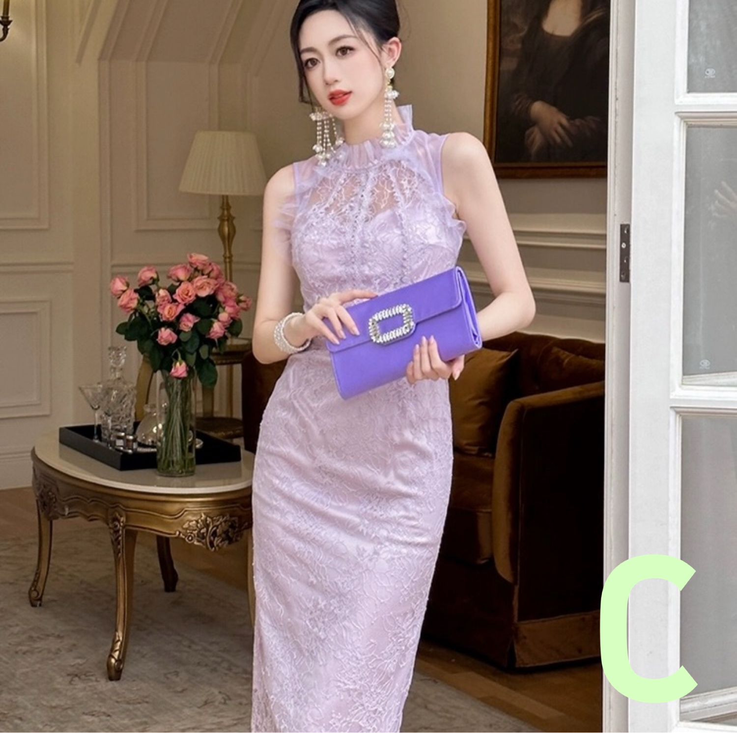 C.紫色蕾丝修身包臀连衣裙女夏季高级感气质名媛风裙子