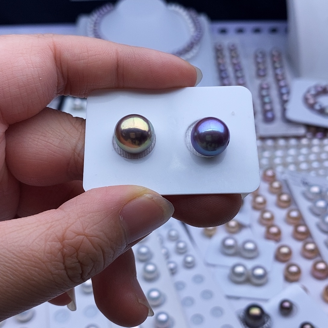 银S925镶嵌耳饰淡水珍珠10.9m路路通11m金绿无孔99一颗