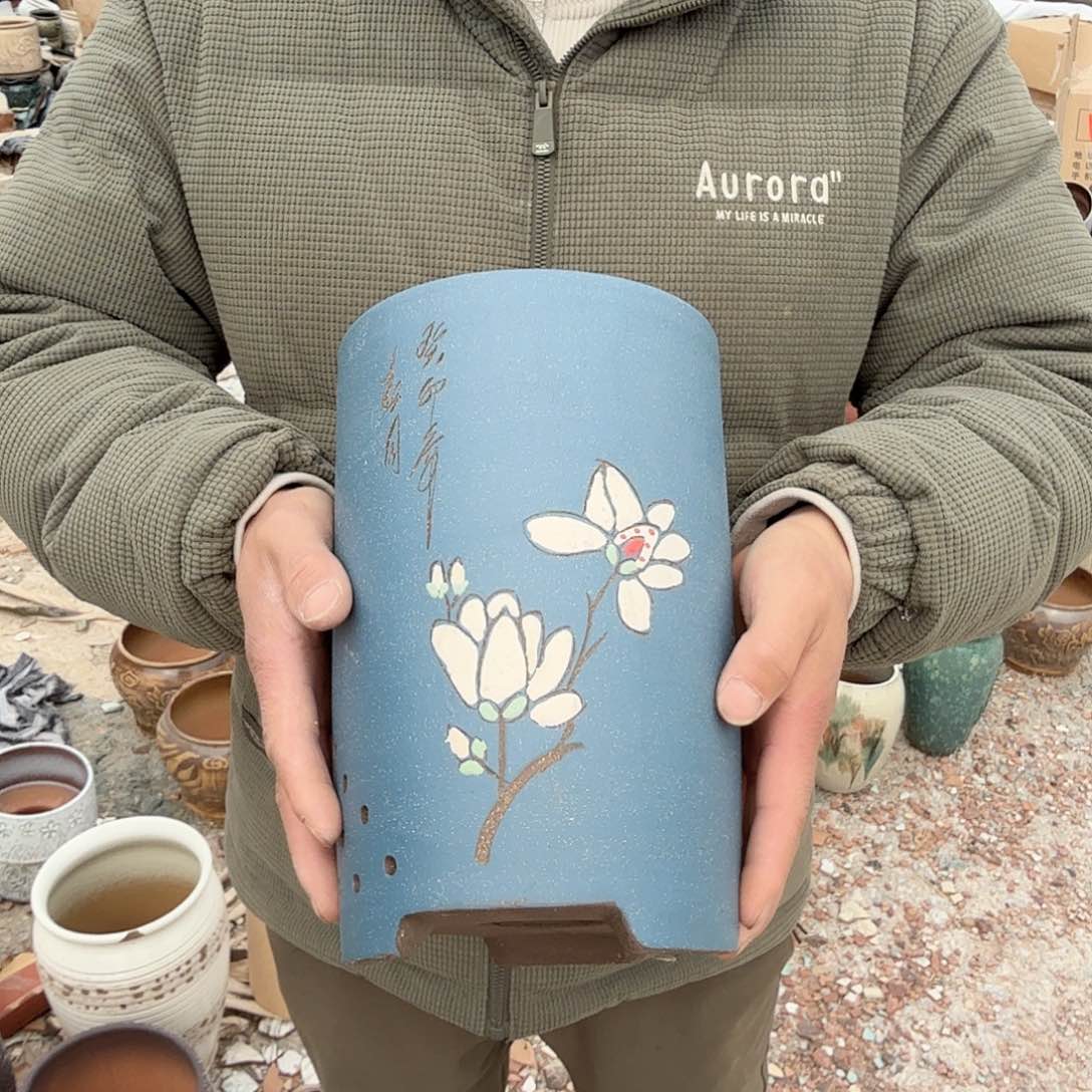 紫砂花盆口16高25（玉兰花蓝色一个