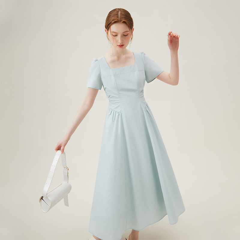 【绿子粉丝专享】时尚方领显瘦夏季气质设计感法式长裙24FS12999