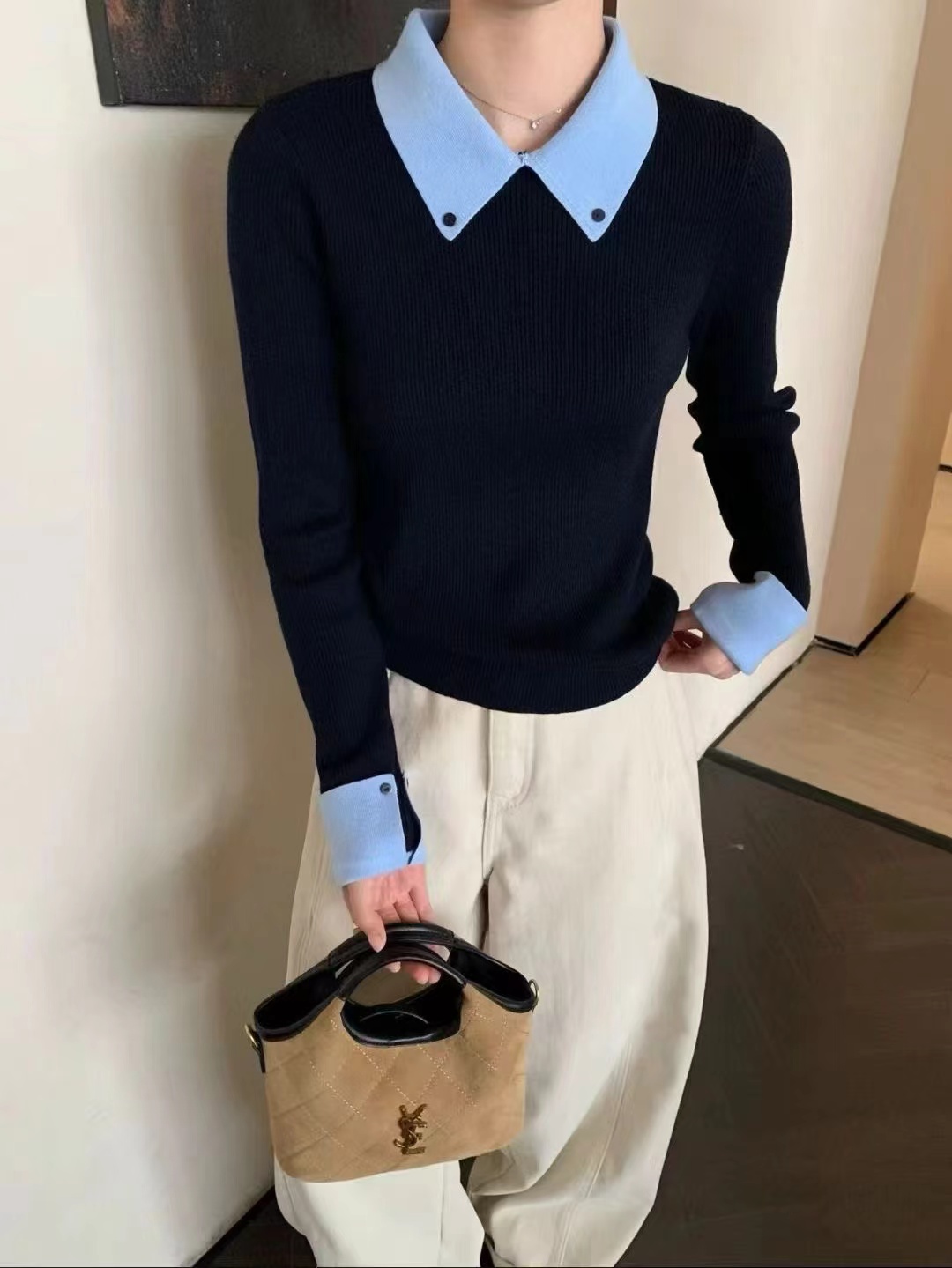 米欧家  纯色保暖拼色假两件针织女长袖毛针织衫