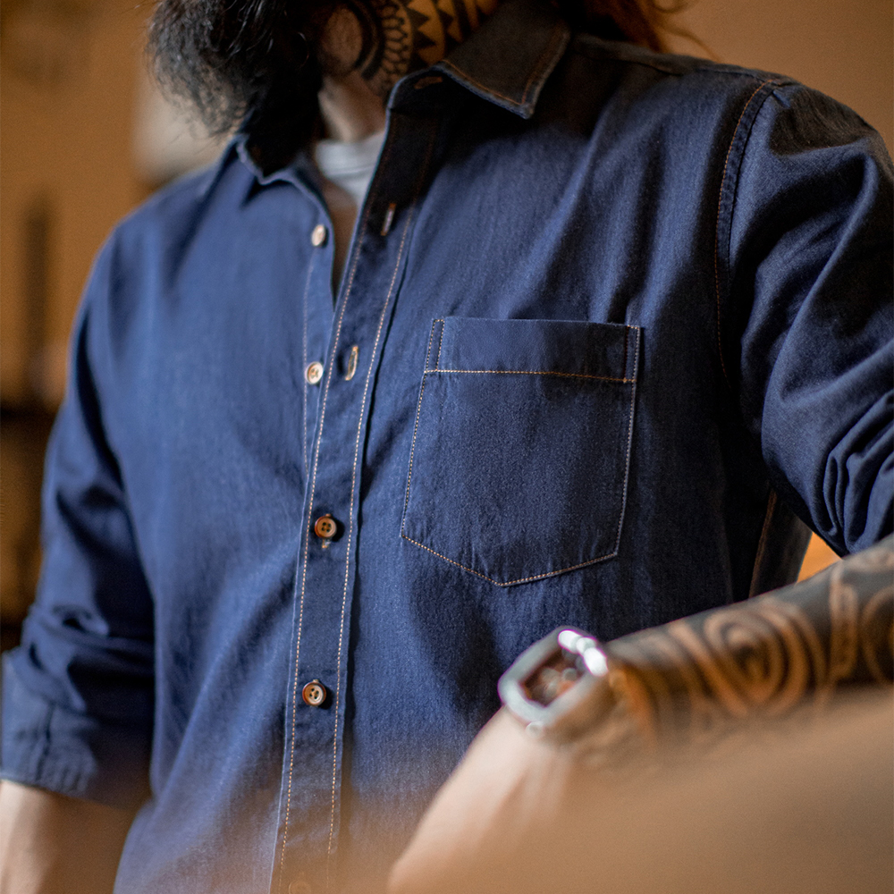 马登工装美式复古单口袋工装牛仔衬衫丹宁休闲长袖修身衬衣男春夏