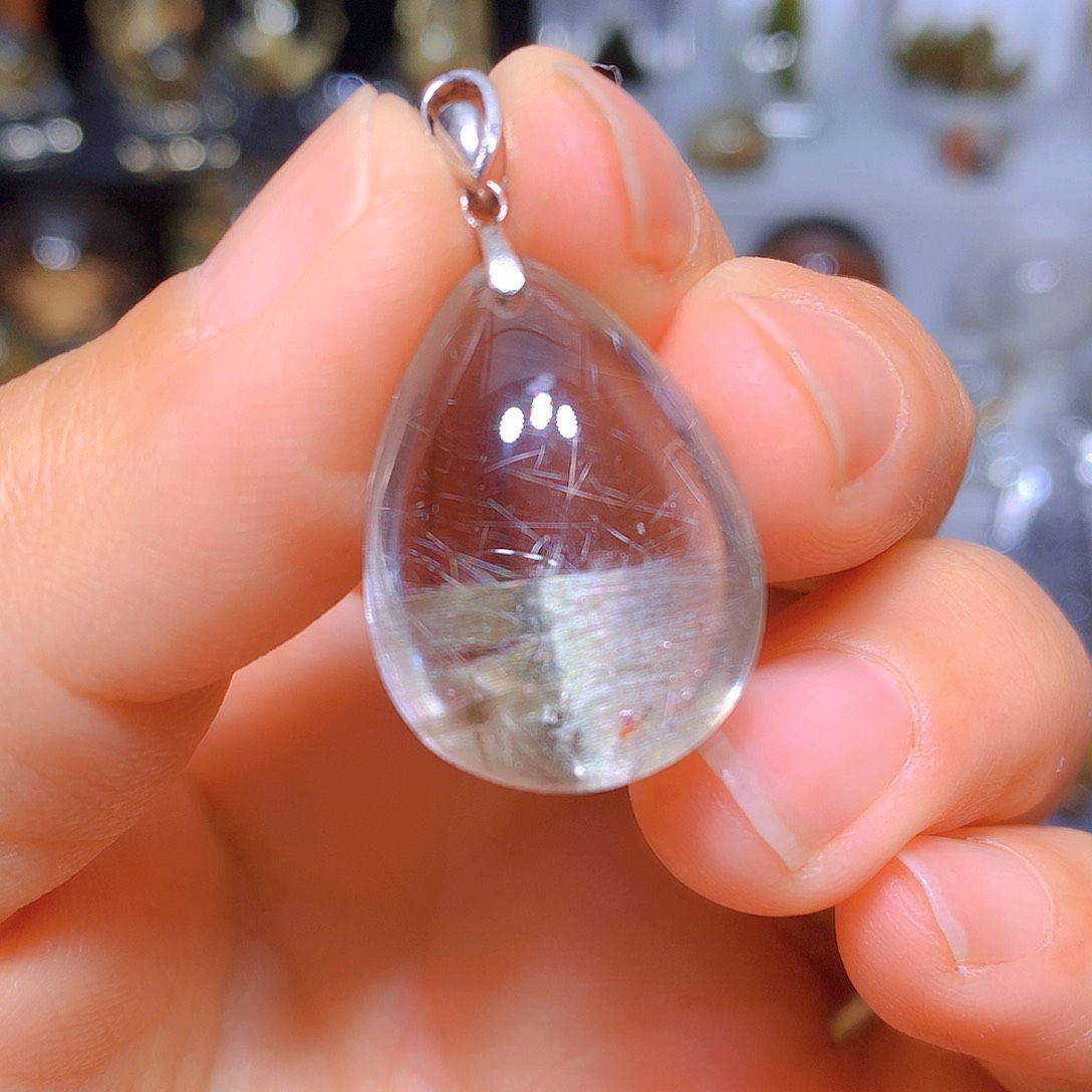 水晶吊坠银S925镶嵌天然水晶