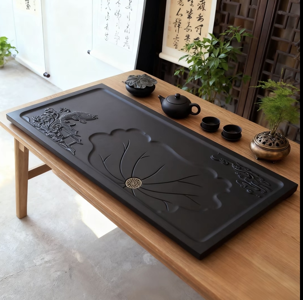 【鱼跃龙门】乌金石茶盘干泡家用办公立体浮雕干湿分离桌面茶盘