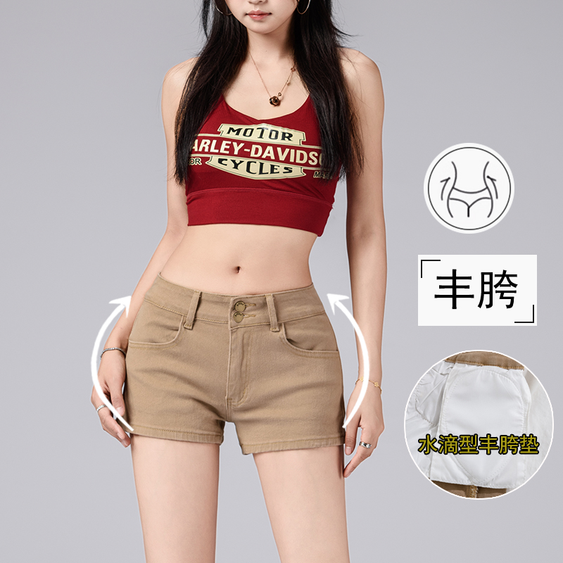 夏季时尚辣妹双扣牛仔短裤女2025新款低腰丰胯紧身包臀热裤子