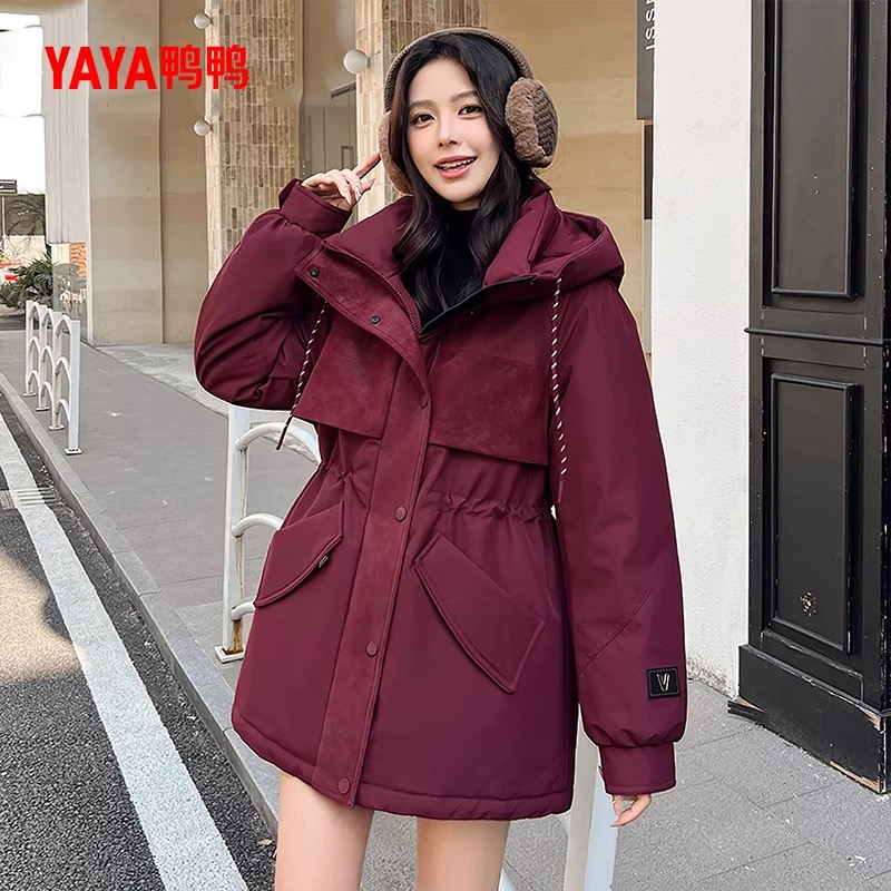 鸭鸭中长款连帽保暖羽绒服女2025年新品冬季新品韩版时尚外套v