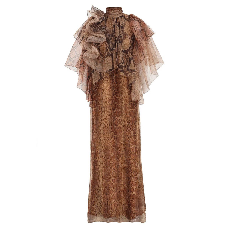 新款真丝印花不规则时尚女士气质长款桑蚕丝蛇纹异域连衣裙