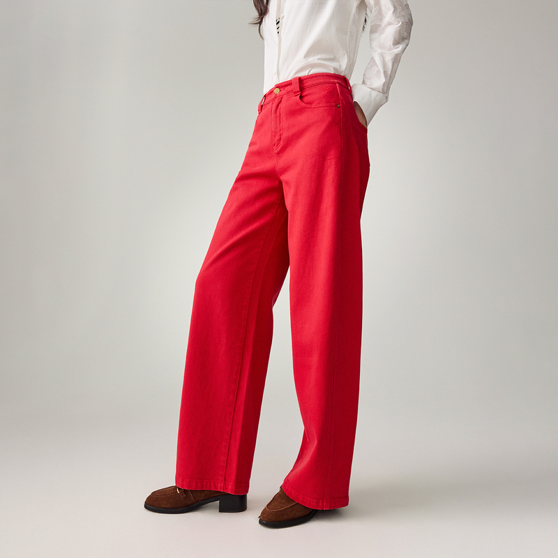 EP雅莹2026春夏新款女装 弹力棉红色宽松显瘦直筒阔腿牛仔裤J602A