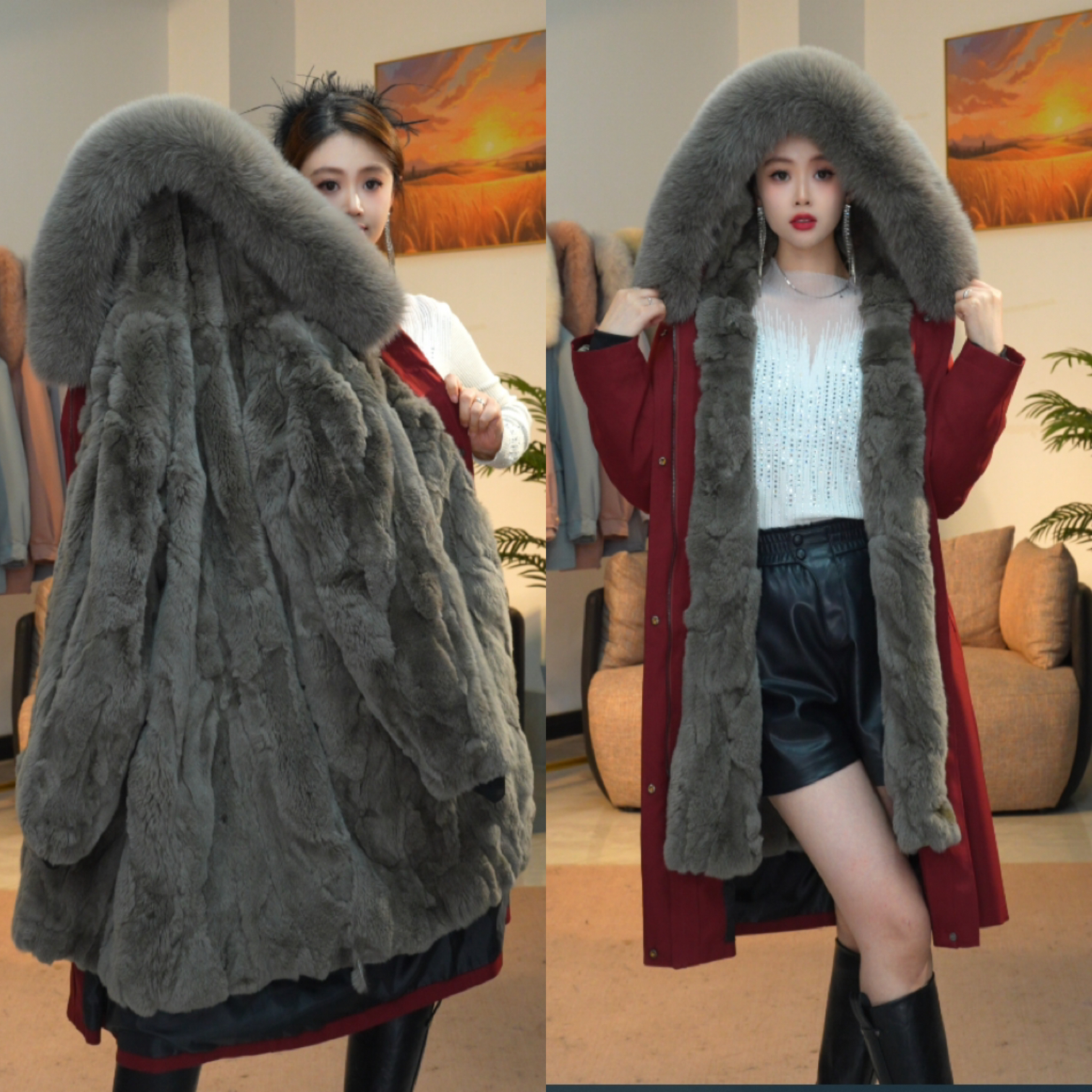 钰言【琼玉獭兔一衣三穿毛袖款】派克服女士长款时尚百搭