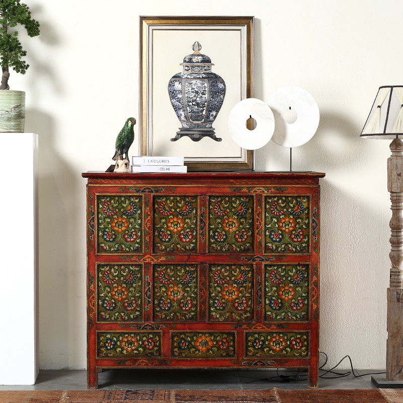 新品西藏五彩漆柜复古柜装饰柜玄关柜储物柜多功能柜民宿实木家具