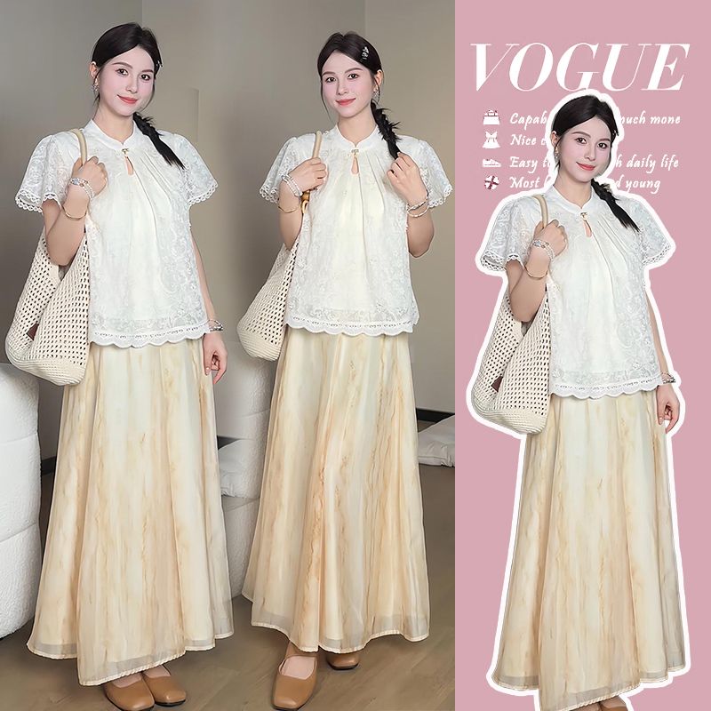 【枫丽】2025夏季新款孕妇重工蕾丝钩花高级感气质短袖上衣半身裙