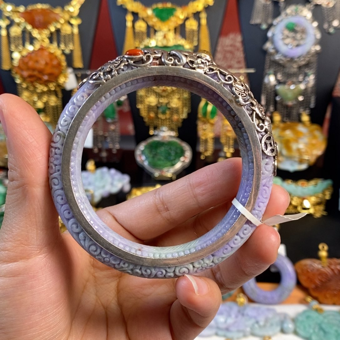 翡翠手镯银S925镶嵌紫翡翠手镯 亏清