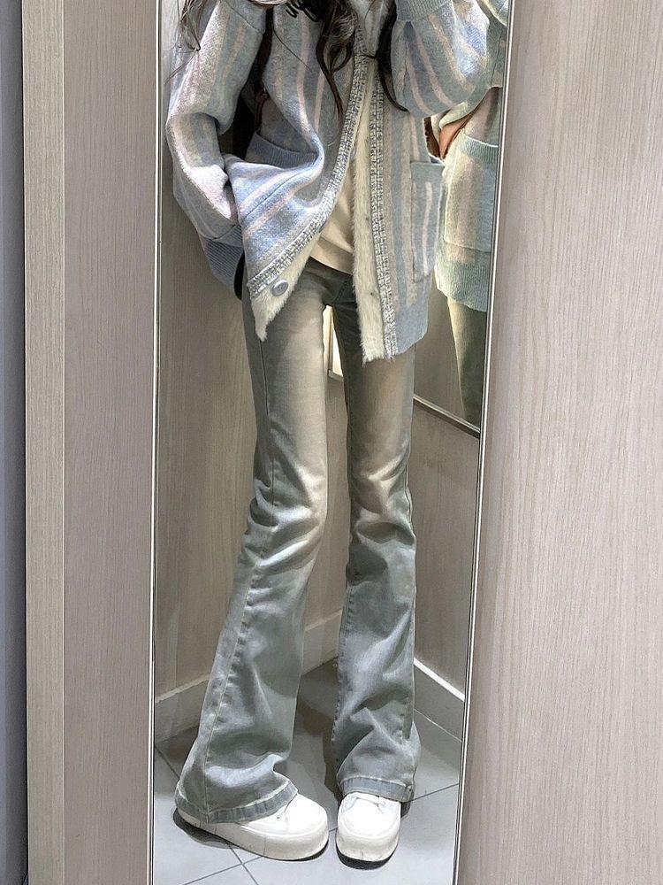 小个子薄款高腰牛仔裤女微喇小众复古港风微弹百搭