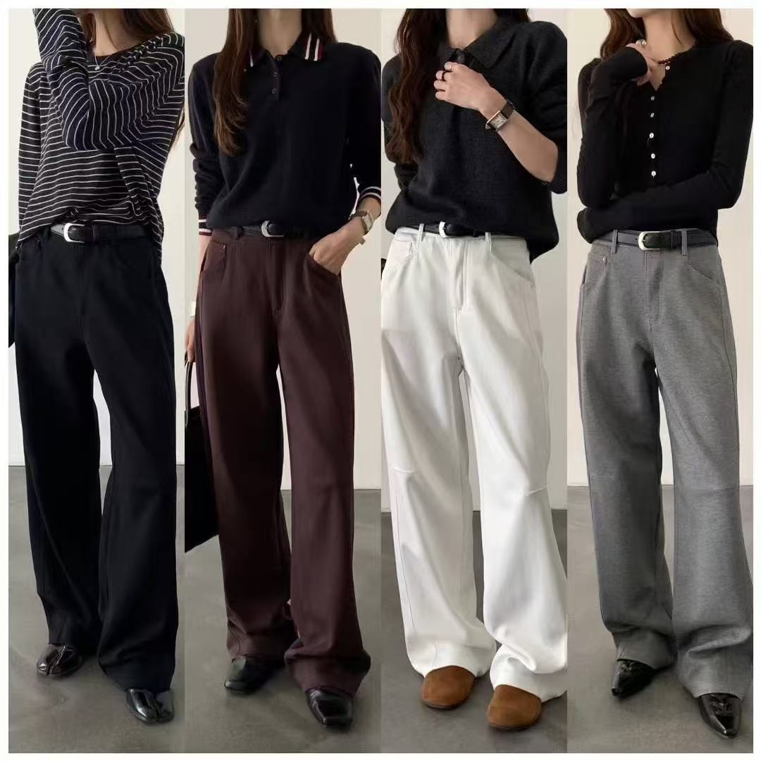 秋季早秋长裤常规高腰腰带休闲裤宽松百搭休闲时尚针织直筒夏季