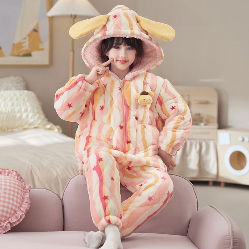 2025新款冬季珊瑚绒儿童三层夹棉睡衣保暖加绒加厚女童家居服套装
